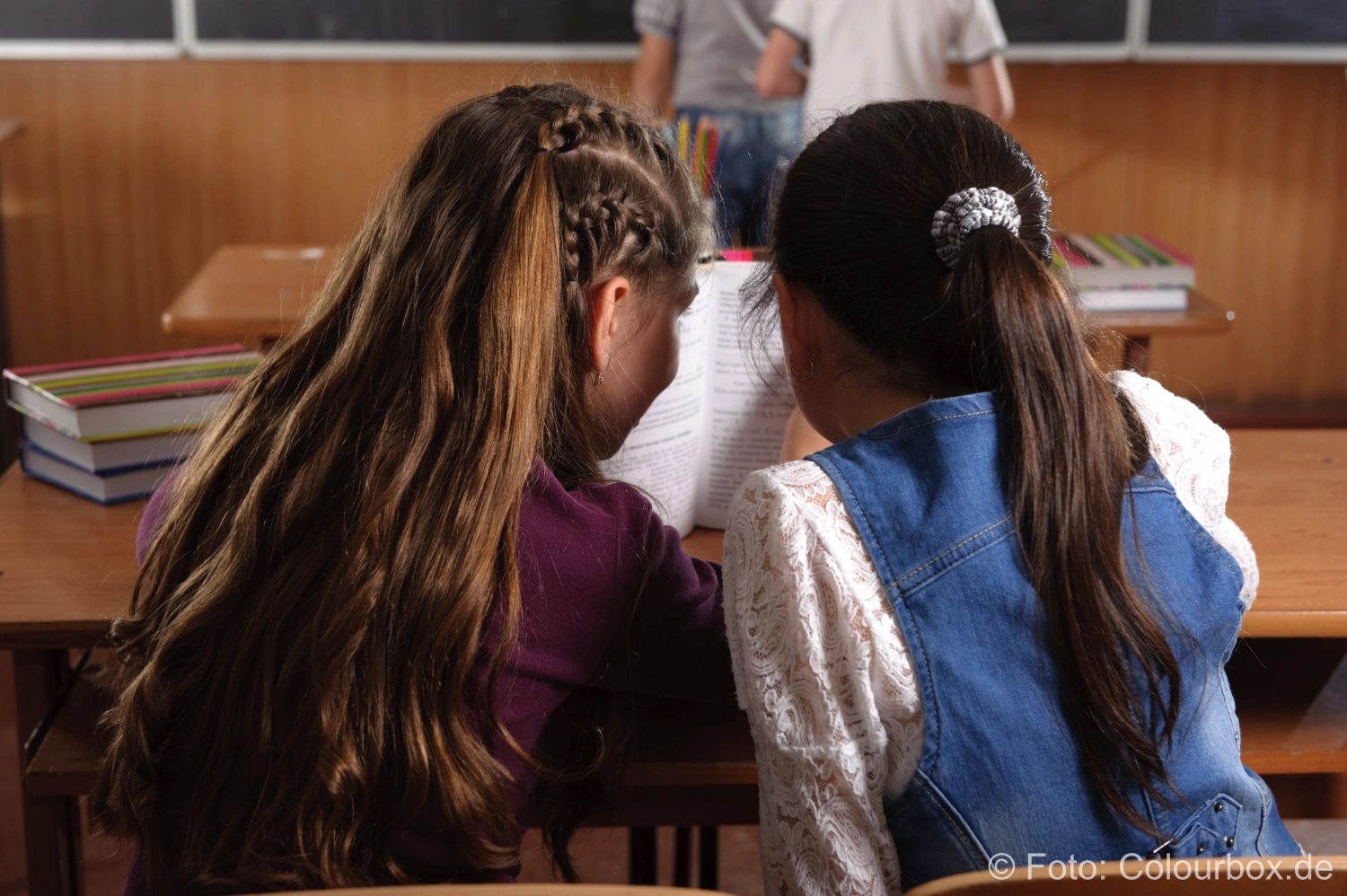 Themenbild Bildung: Zwei Mädchen lernen gemeinsam in der Schule